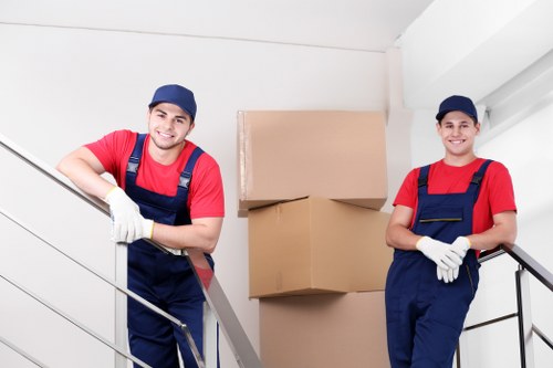 Commercial moving team preparing office relocation items in Pinner