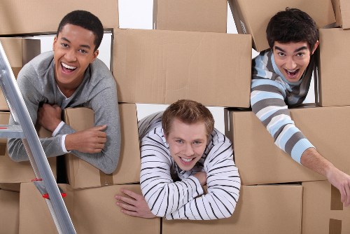 Flat removals in Pinner with moving team handling boxes near apartment entrance