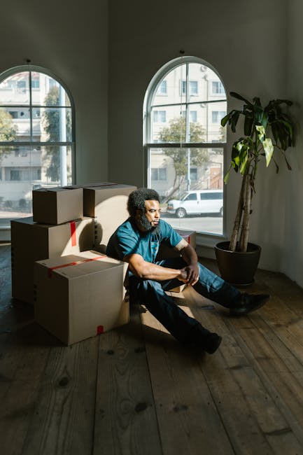A man with curly hair, dressed in a blue shirt and dark trousers, is sitting on a wooden floor inside a room with two large arched windows behind him, allowing natural light to illuminate the space. The windows overlook a street with parked cars and multi-storey residential buildings. Next to the man, there are several cardboard boxes, some sealed with red packing tape and others open, revealing packing materials. The boxes are stacked in a corner near the windows. A large potted houseplant with broad green leaves stands to the right of the man, adding a touch of greenery to the room. This scene appears to depict a home relocation or packing process, with the man possibly taking a break during a furniture transport or packing and moving activity. The overall environment is clean and organized, consistent with a professional removals service such as Pinner Man and Van, preparing for an upcoming house move or furniture transport.